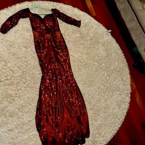 Floor length ball gown red sequins quarter sleeve